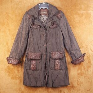 AUTUNNO Womens Jacket Small Brown Trench Button Up Wrinkled Laser Cut Floral